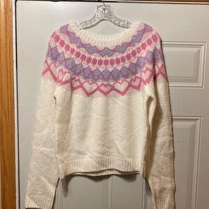 Cozy Pink and Blue Patterned Sweater L NWZt